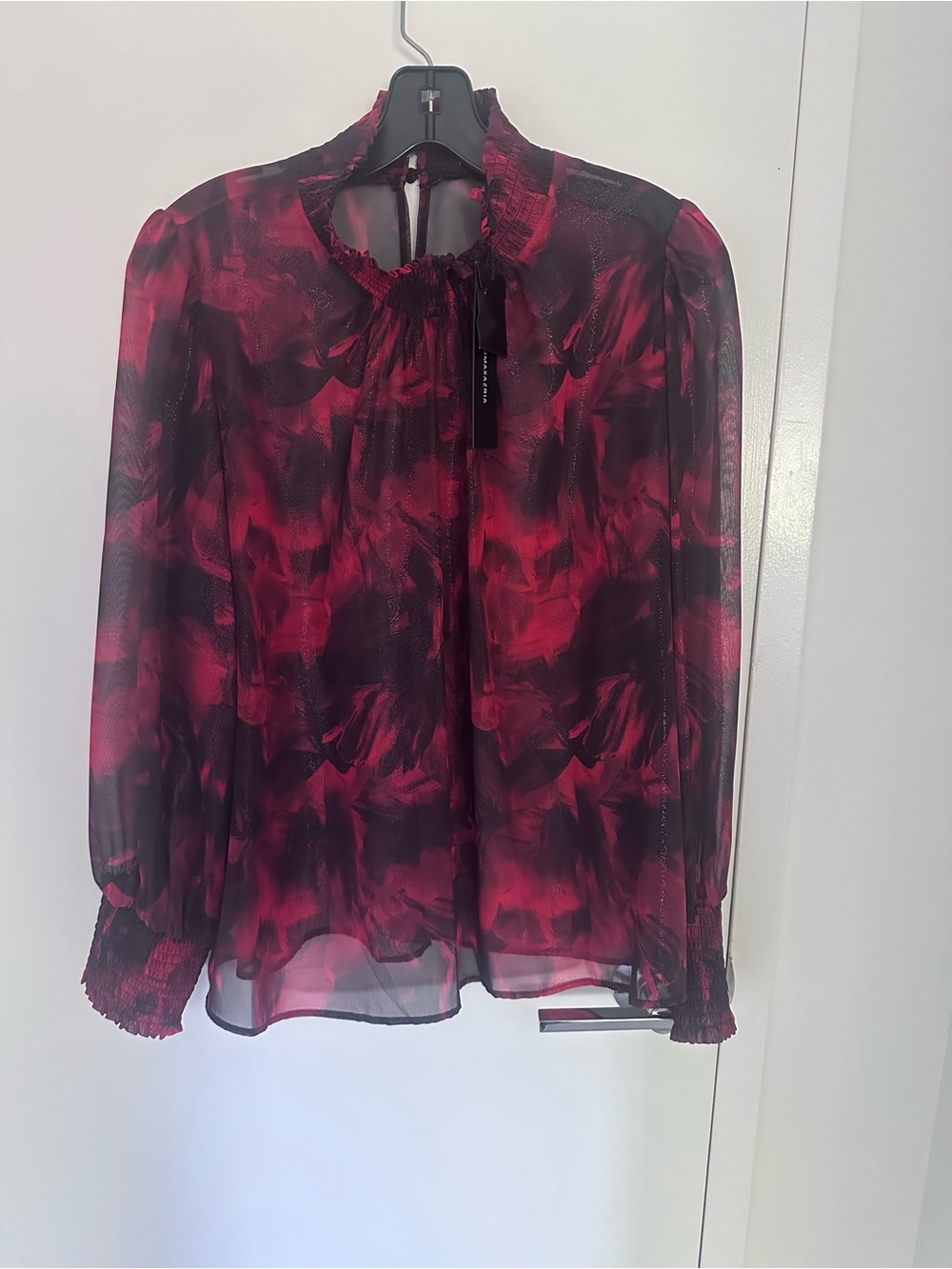 BCBG Red & Black Sheer Tie-Neck Blouse